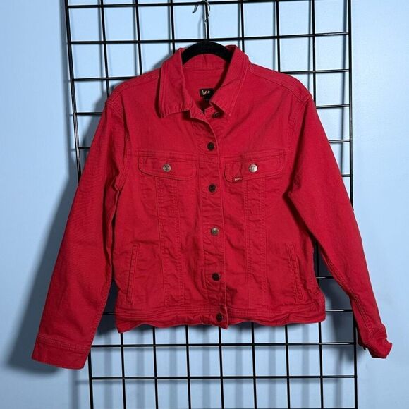 Lee Denim Jacket Womens L Red Classic Button Up Vintage Cottagecore‎ Grunge - Picture 1 of 11